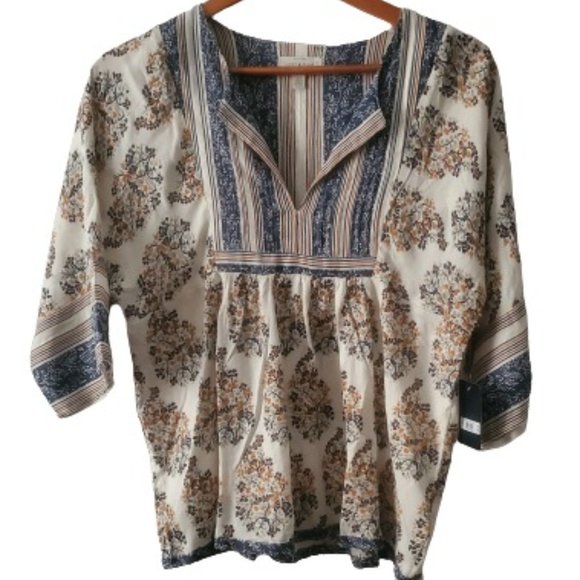 Lucky Brand Women's Mixed Print Natural Multicolor Peasant Top Size S/P NWT - Picture 4 of 16